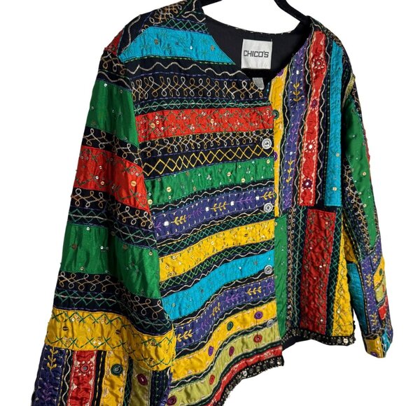 Chicos Multicolor Patchwork Embroidered Jacket 100% Cotton Boho Artsy Sz 3 XL/16 - Picture 9 of 9